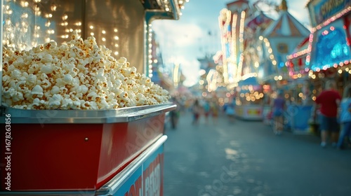 Freshly Popped Popcorn Stand at County Fair with Colorful Lights