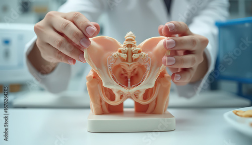 3D pelvic model on a tabletop. Ideal for teaching pelvic alignment, SI joint mechanics, and postpartum rehab. Neutral clinical setting