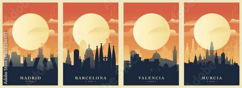 Spain cities brutalism poster pack with landmarks of Barcelona, Madrid, Murica, Valencia. Vector illustration set. Travel cover, brochure, flyer, leaflet, images