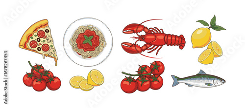 Collection of Italian culinary elements, featuring a distinct Mediterranean menu, including pizza, pasta, lobsters, lemons, tomatoes, and a vector illustration of sardines.
