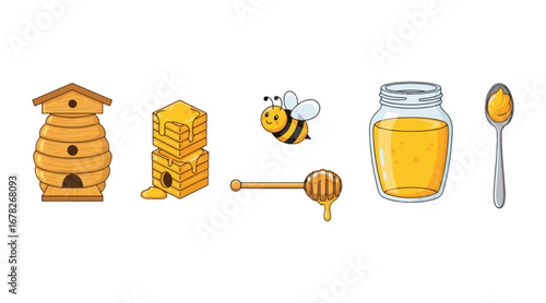 Honey collection. A wooden beehive, honeycombs, bees, honey contained in a glass jar, honey dripping from a wooden dipper, and honey in a metal spoon