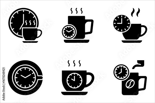 Coffee time icon set, Hot coffee cup and time symbol for take a break. Morning breakfast beverage. vector illustration on white background