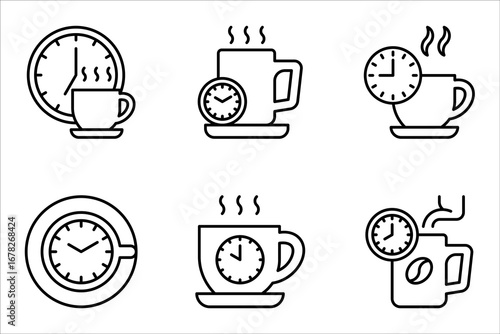 Coffee time icon set, Hot coffee cup and time symbol for take a break. Morning breakfast beverage. vector illustration on white background