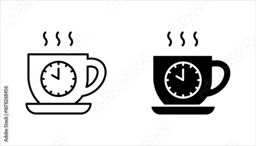 Coffee time icon set, Hot coffee cup and time symbol for take a break. Morning breakfast beverage. vector illustration on white background