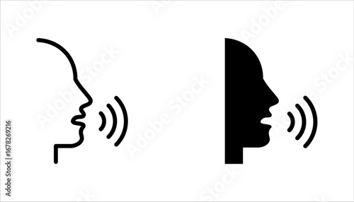 Speaking icon set. Talk person sign or symbol , man with open mouth and sound wave , Voice command, vector illustration on white background