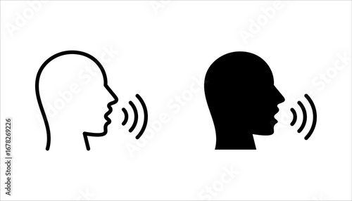Speaking icon set. Talk person sign or symbol , man with open mouth and sound wave , Voice command, vector illustration on white background