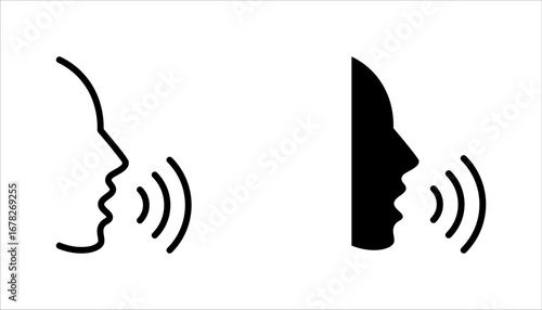 Speaking icon set. Talk person sign or symbol , man with open mouth and sound wave , Voice command, vector illustration on white background