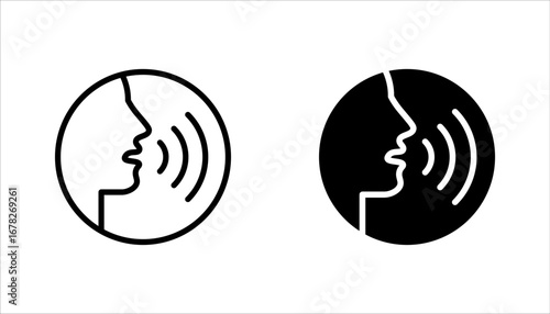 Speaking icon set. Talk person sign or symbol , man with open mouth and sound wave , Voice command, vector illustration on white background