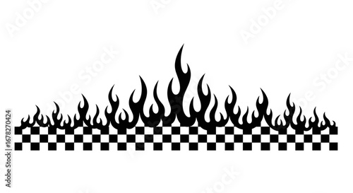 A black and white graphic design featuring a checkered flag pattern with stylized flames rising above it.