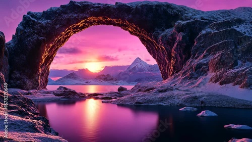 Majestic Winter Sunrise Through a Rocky Arch.