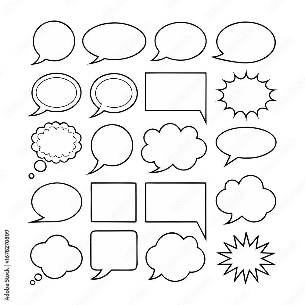 Obraz premium Collection of white speech bubbles and thought bubbles on black background