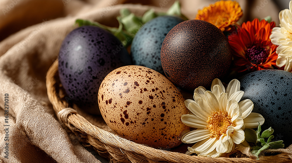 Obraz premium Colorful Easter eggs and spring flowers arranged in a woven basket, evoking festive joy.