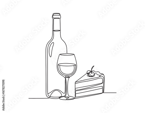 A glass bottle containing wine, port, and alcohol. A wine glass, cake, and dessert, represented as a continuous single line art drawing sketch, logo.
