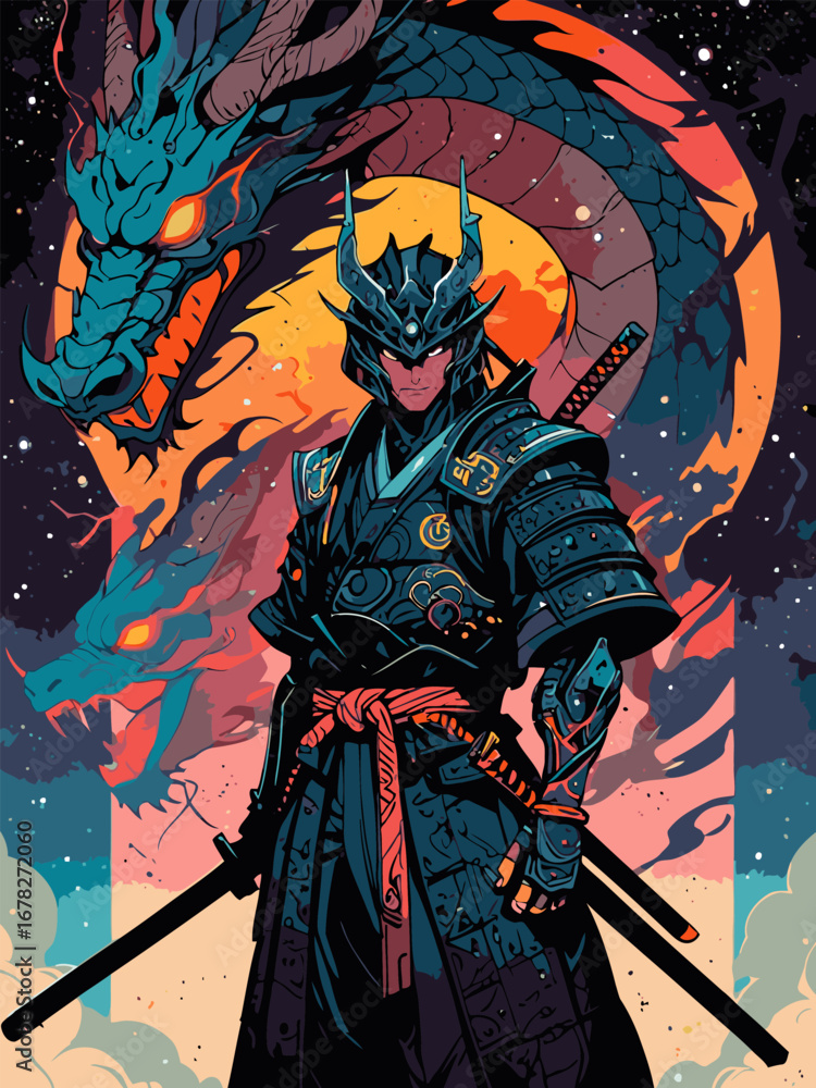 Fototapeta premium samurai flanked by dragons