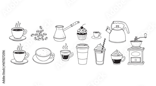 A collection of doodles featuring a coffee cup drink, beans, and a cezve pot. Included are breakfast items such as cappuccino, espresso mugs, cupcakes, and kettles, along with to-go latte glace cups