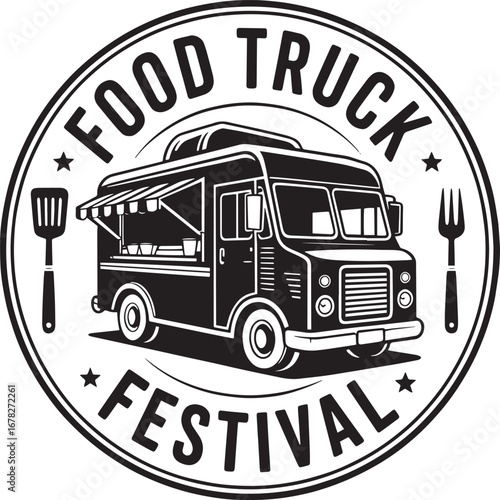 Circular Food Truck Festival Logo with Utensils and Stars vector illustration