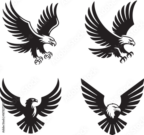 Eagle Flying Landing Wings Spread Heraldic Symbols Black and White hawk bird of prey