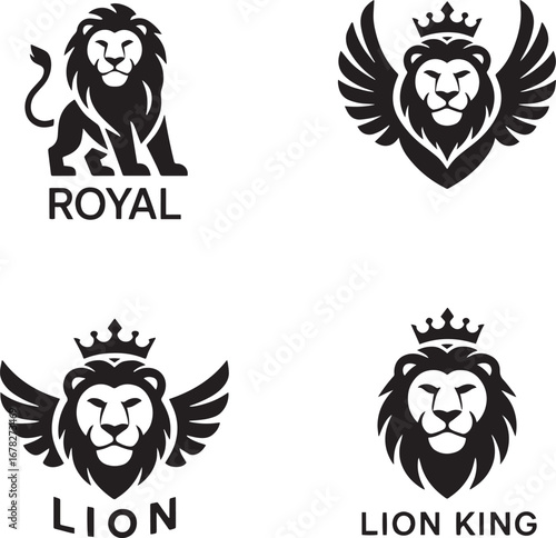 Black Lion Logos with Crown and Wings Royal King Symbol
