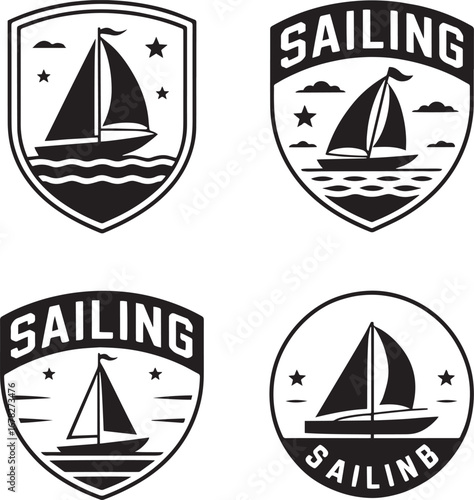 Four Black And White Sailing Boat Emblem Logos With Stars And Waves sailboat ship