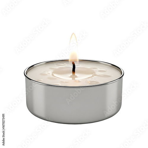A single burning tealight candle in a metal cup isolated on white.