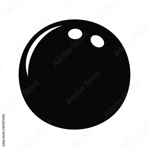 Simple graphic of a black bowling ball with finger holes and highlight, bowling ball silhouette vector illustration