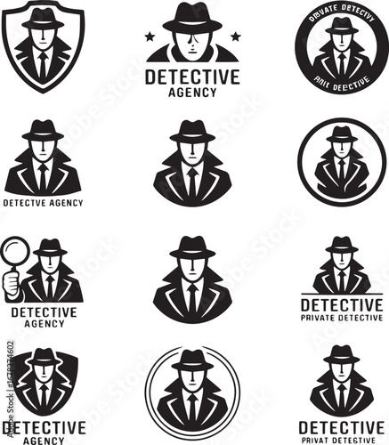Nine black and white detective agency logos with trench coat figures private investigator