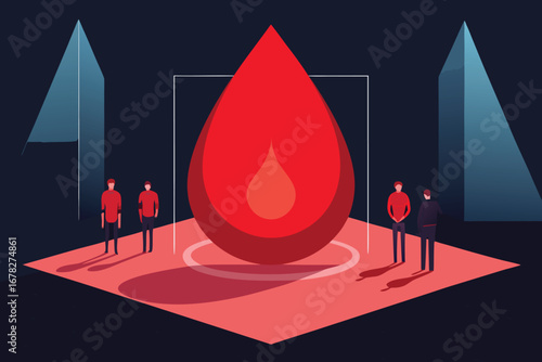 Illustration of people observing a giant blood drop for world blood donor day