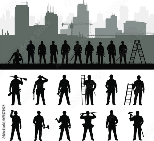 Silhouettes of Construction Workers and City Skyline with Tools and Ladder vector illustration