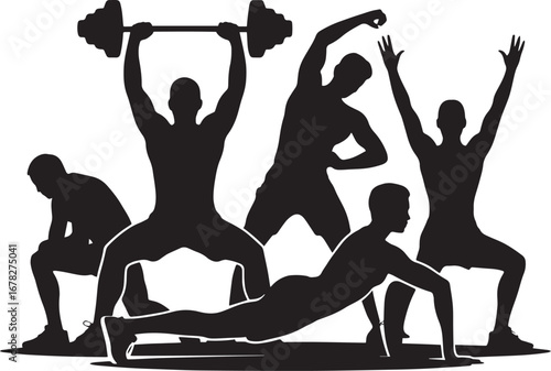 Silhouettes Of People Exercising With Weights And Bodyweight male fitness