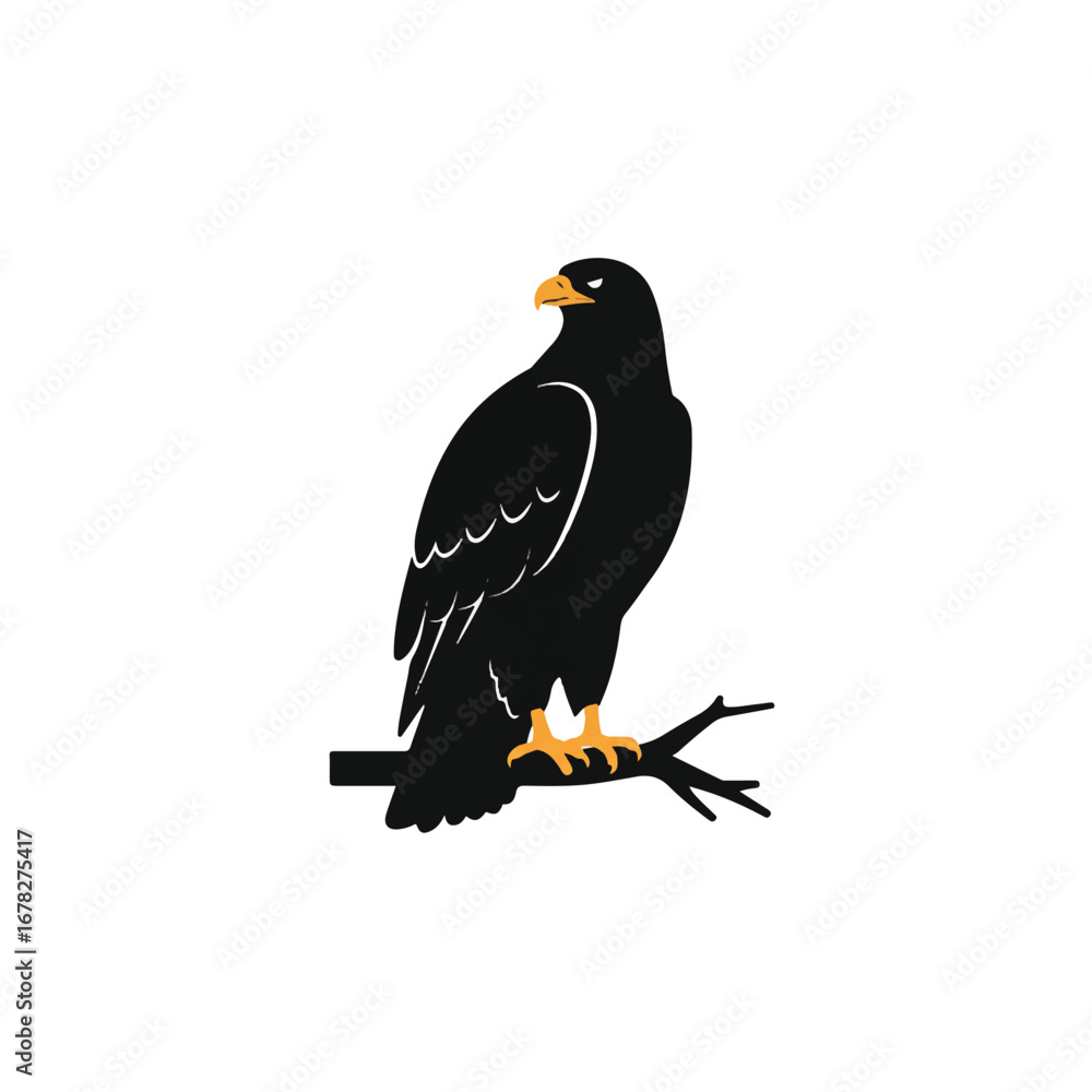 Fototapeta premium A striking eagle silhouette, depicted in a clean 2D flat vector illustration style, majestically perches on a bare branch, isolated against a pristine white background.