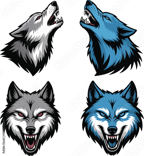 Two Gray and Two Blue Wolf Heads Howling and Growling wolves