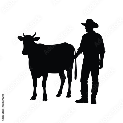 Silhouette of a Cowboy with a Cow in a Farm Setting, farmer with cow silhouette vector illustration