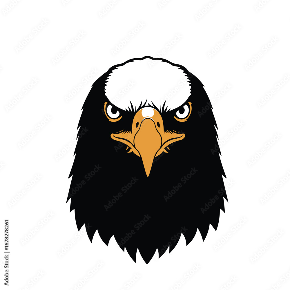 Fototapeta premium A striking bald eagle silhouette, captured in a detailed close-up, is presented as a clean 2D flat vector illustration, isolated on a pure white background.