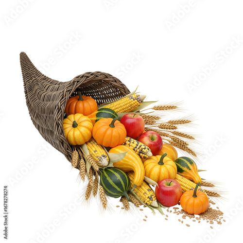 A bountiful cornucopia overflowing with harvest season produce.