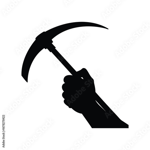 Silhouette illustration of a hand holding a pickaxe, a labor and industry symbol, hand sickle silhouette vector illustration
