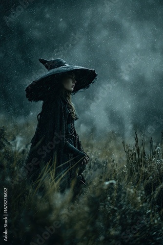 witch standing in rain cinematic dramatic composition