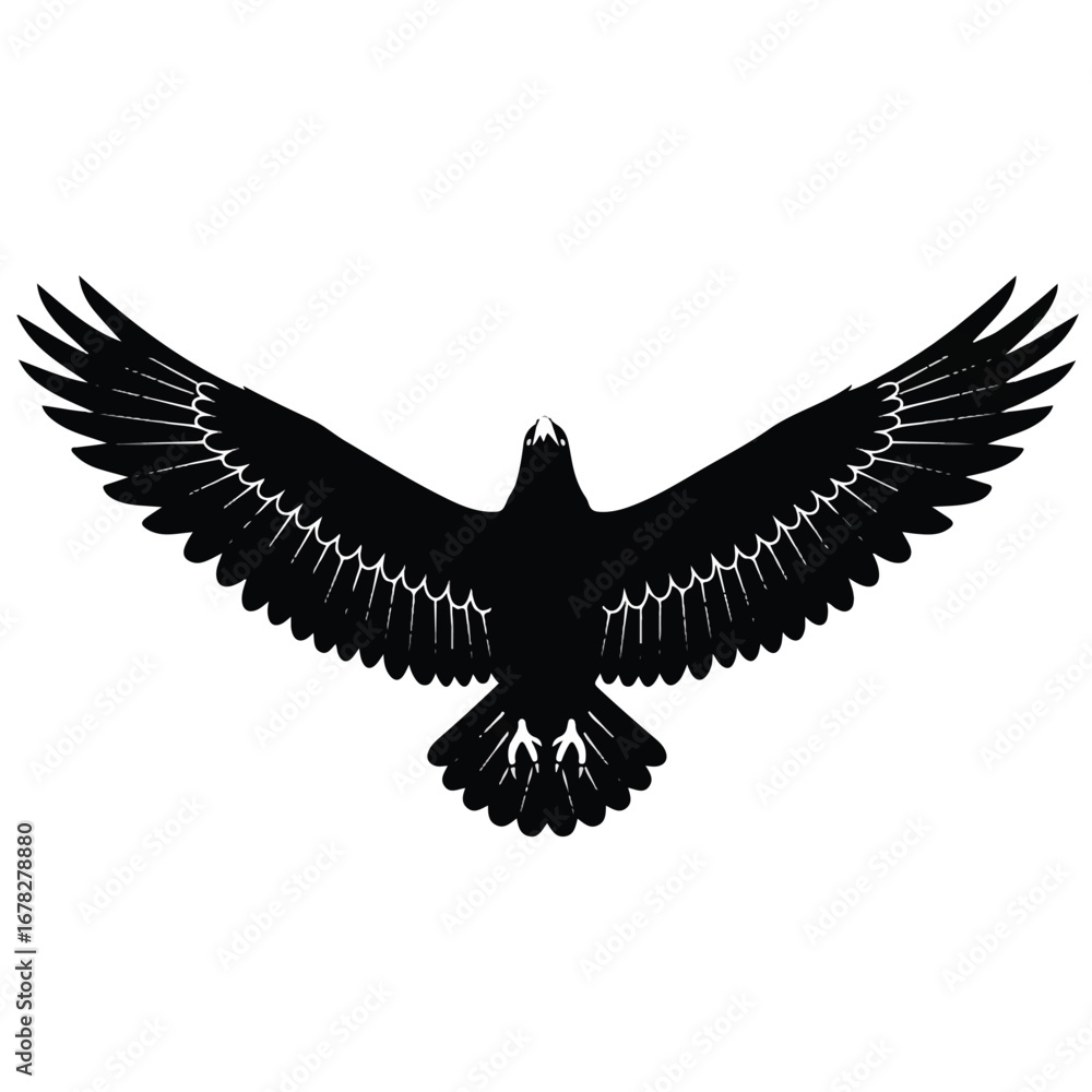 Obraz premium Majestic eagle wings widely spread in a clean top view silhouette, a striking 2D flat vector illustration isolated on a pristine white background.