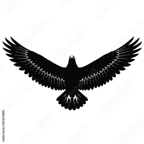 Majestic eagle wings widely spread in a clean top view silhouette, a striking 2D flat vector illustration isolated on a pristine white background.