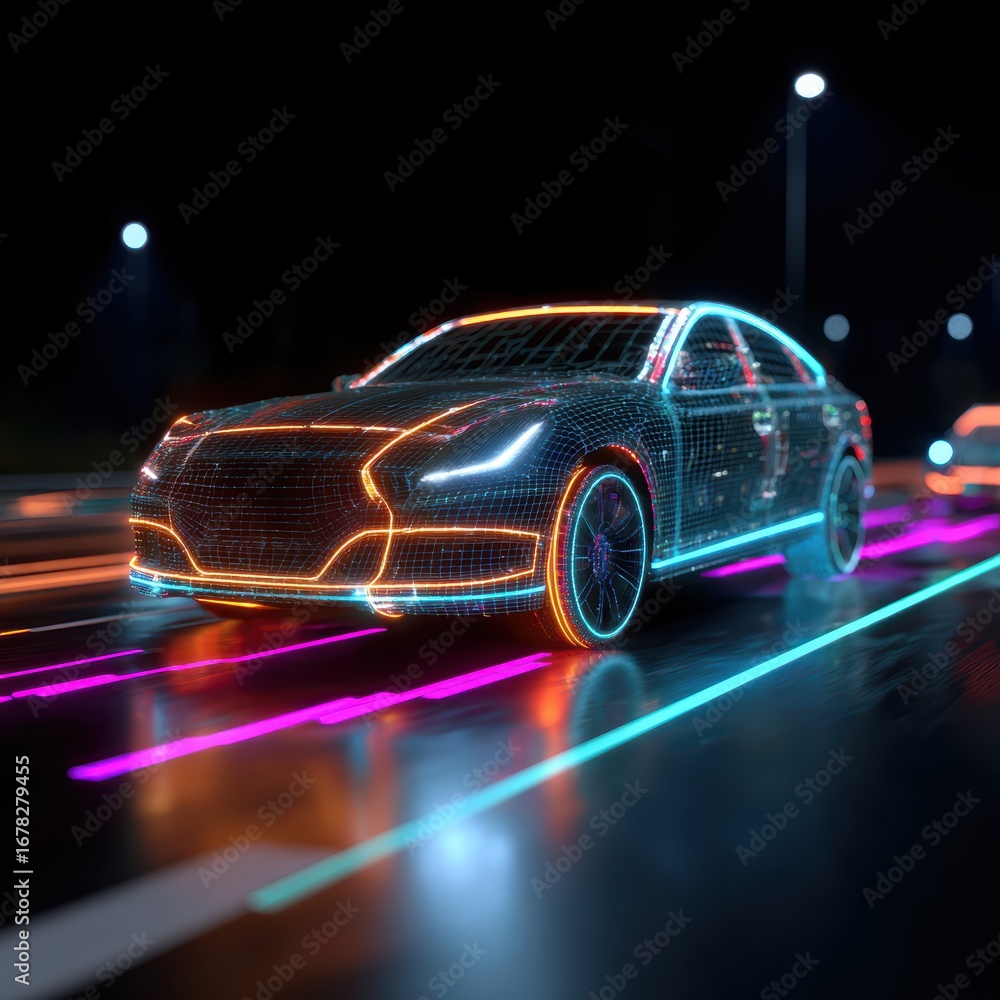 Naklejka premium AI visualization displaying LIDAR and camera sensor data in autonomous vehicle dashboard, showcasing advanced vehicle perception technology and self-driving innovation.