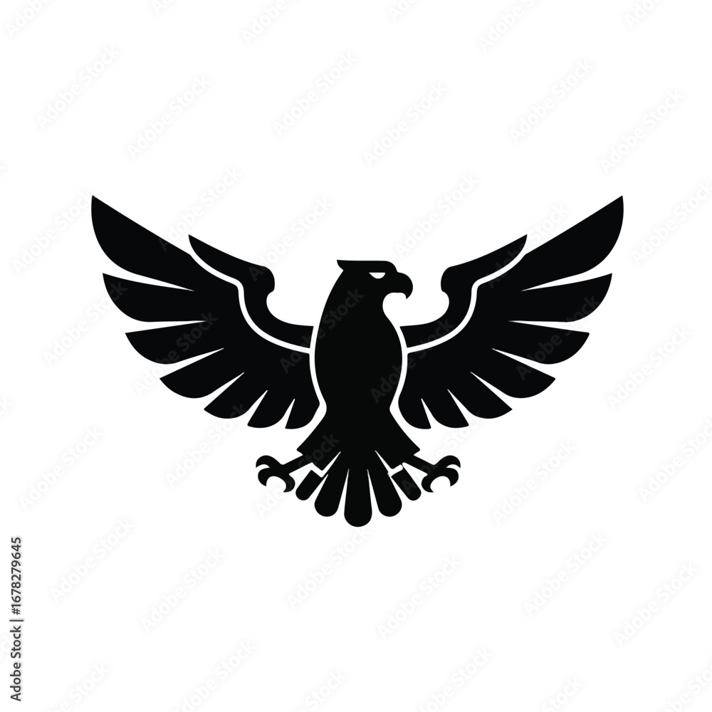 Obraz premium A striking black eagle vector emblem in a clean, flat 2D illustration style is presented on a pristine white isolated background, symbolizing power and freedom.