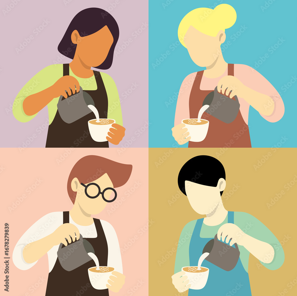 Obraz premium Diverse Barista Pouring Coffee Drink Illustration Graphic Elements