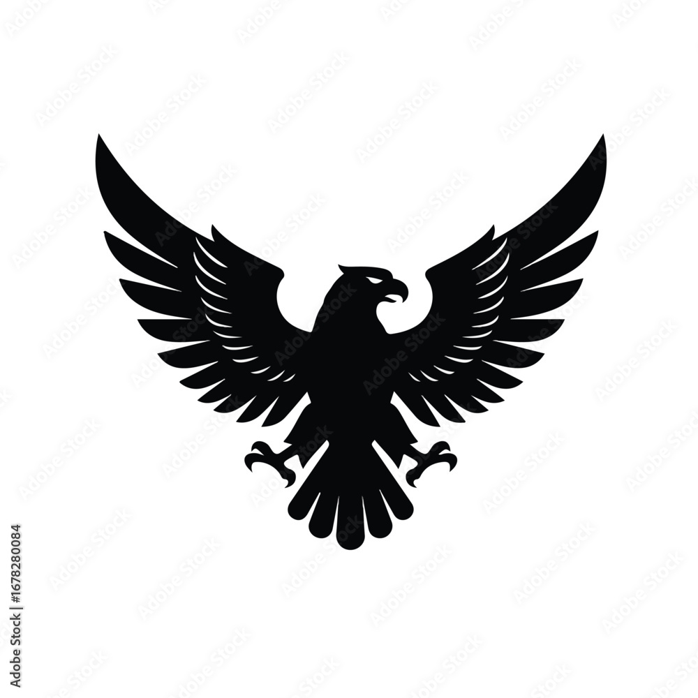 Obraz premium A bold black eagle insignia in a flat 2D vector illustration, depicting a majestic bird of prey with outstretched wings, symbolizing power and freedom, cleanly isolated on a pure white background.