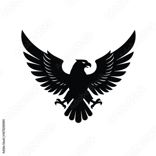 A bold black eagle insignia in a flat 2D vector illustration, depicting a majestic bird of prey with outstretched wings, symbolizing power and freedom, cleanly isolated on a pure white background.