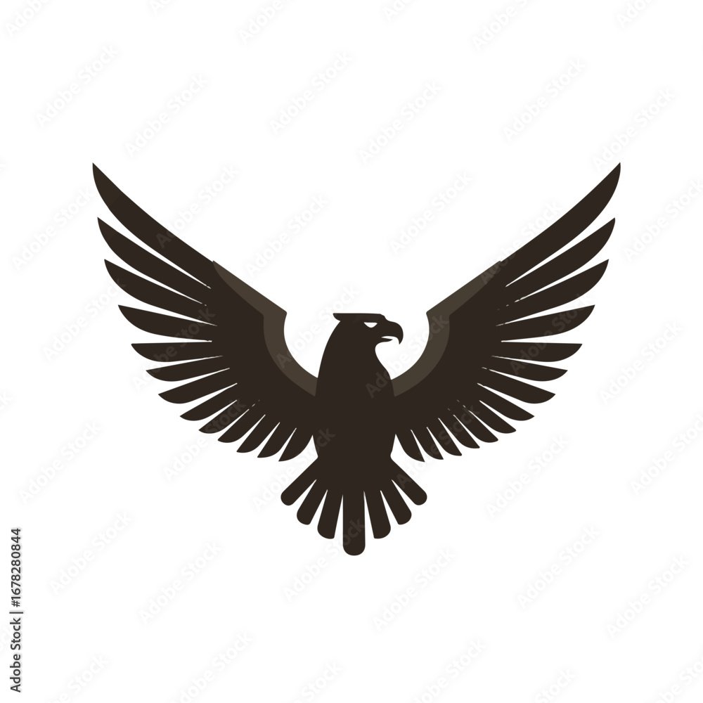 Naklejka premium A striking flat 2D vector illustration features a powerful eagle emblem with majestic double wings, presented clearly and isolated on a clean white background.