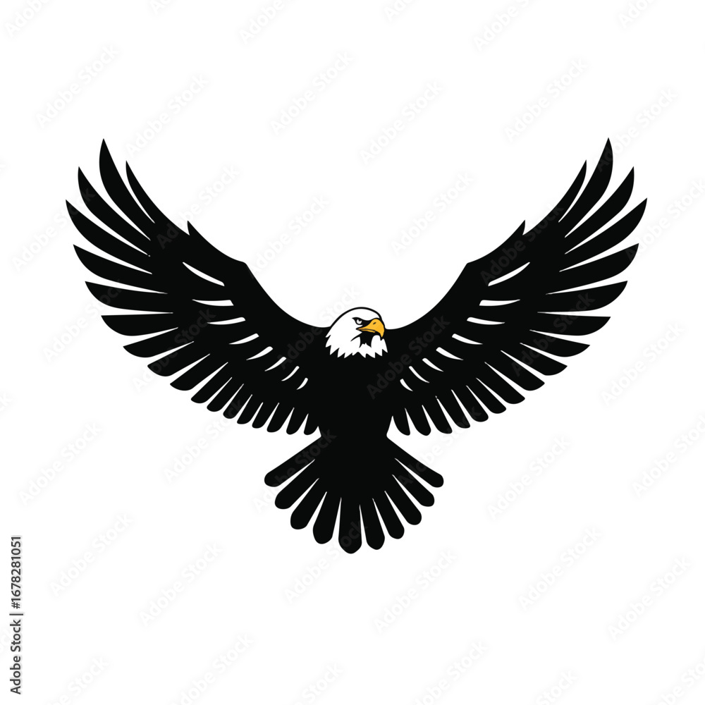 Fototapeta premium A majestic bald eagle with powerful, outstretched wings is depicted as a striking flat 2D vector silhouette, prominently isolated on a pristine white background.