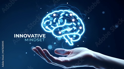 Abstract Glowing Brain Hologram Floating Above Hand Depicts Innovative Mindset on Dark Blue Background Demonstrates Technological Advancement and Future Thinking