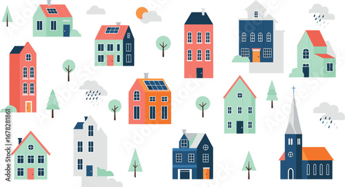 Colorful city buildings, urban architecture illustration, cartoon houses set, modern town design, vector flat style, residential buildings, cityscape elements, neighborhood scene, colorful homes, arch