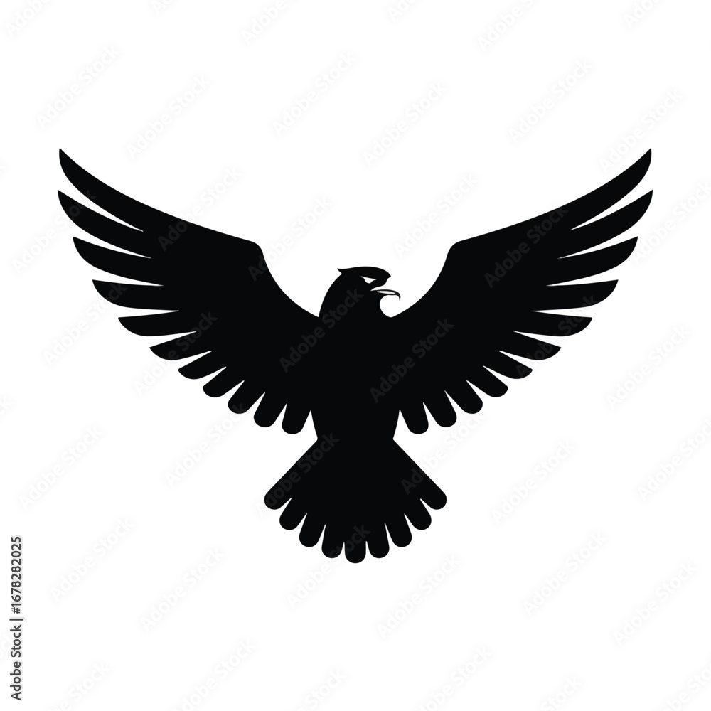 Obraz premium A majestic eagle is depicted as a sharp black silhouette in a clean, flat 2D vector illustration, boldly isolated on a pure white background.