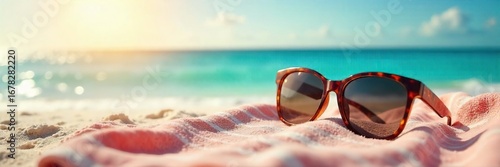 Wallpaper Mural Relaxing beach scene with stylish sunglasses resting on a towel, sun shining, ocean in the background Perfect for summer travel, vacation, and holiday themes , heat, beach, coastal Torontodigital.ca