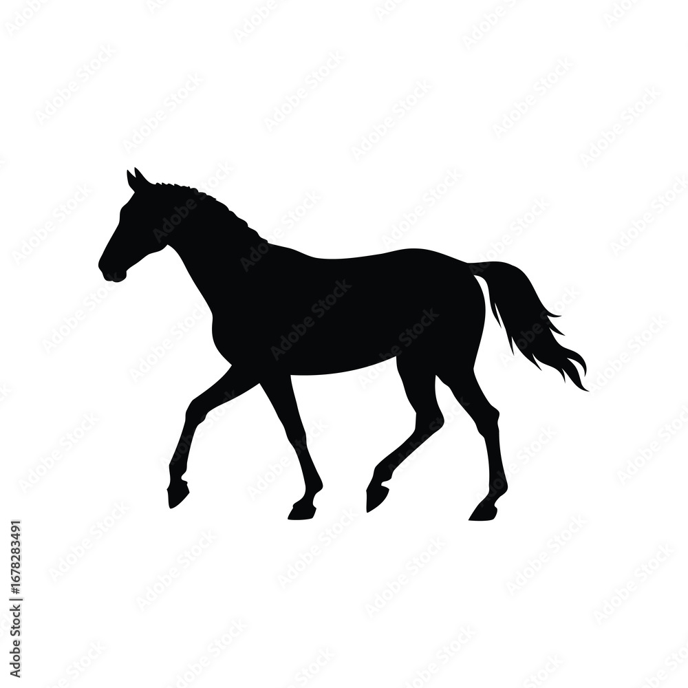 Fototapeta premium Elegant Black Horse Silhouette Gracefully Walking on a White Background with Details, horse walking in pasture silhouette vector illustration